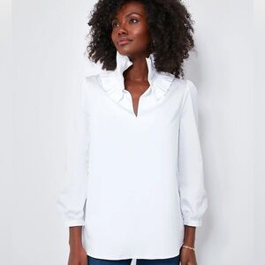 NWT XXL Tuckernuck White Stretch Poplin Ruffle Neck Bouvier Blouse